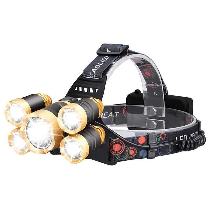 Lanterna Frontala de Cap cu 5 LED-uri, 5 x T6+XPE