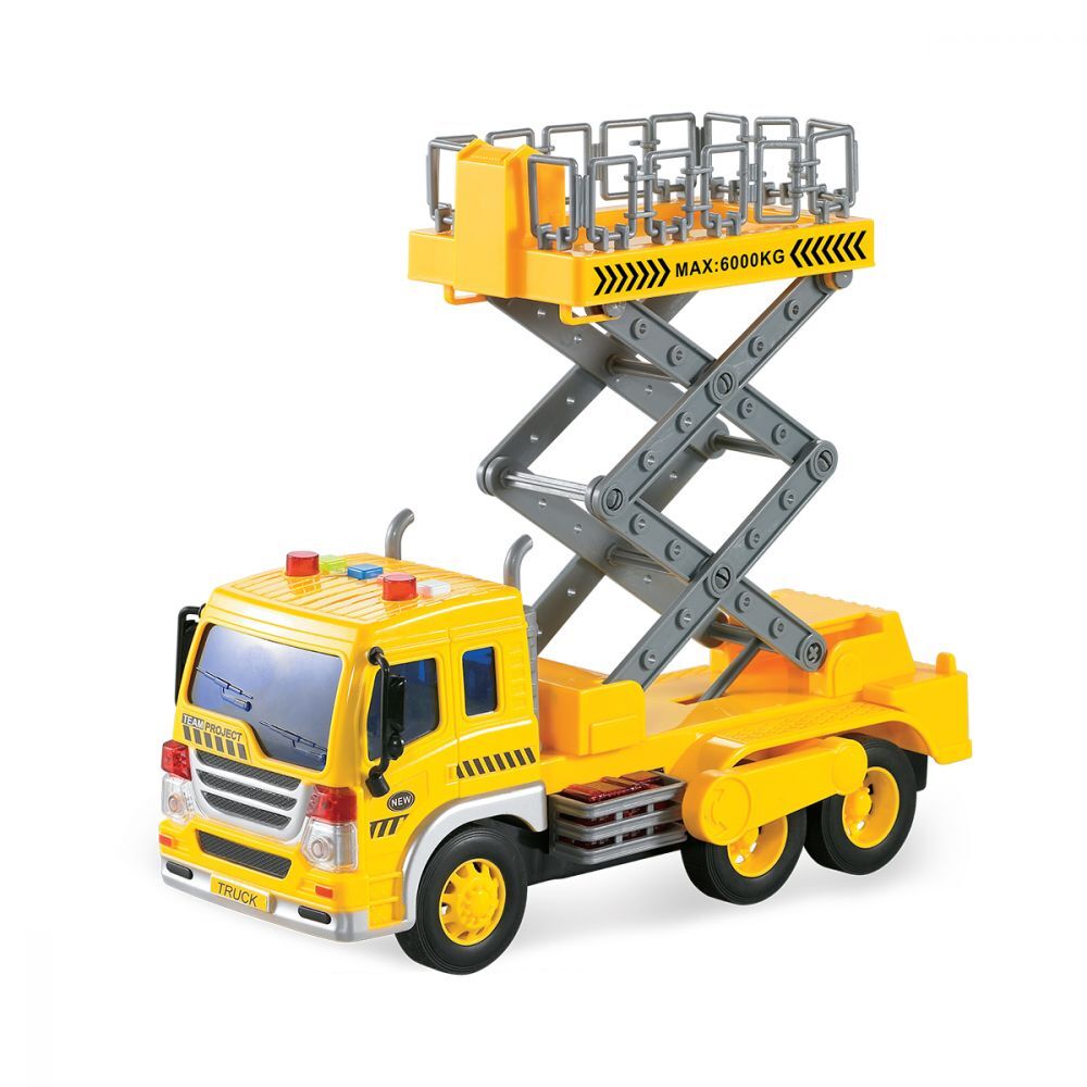 Masina Camion galben de constructii cu elevator are lumini si sunete, din plastic, pentru copii , ATS