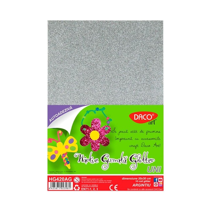 Комплект от 10 листа самозалепваща хартия Daco Art Glitter Gummed A4, сребриста