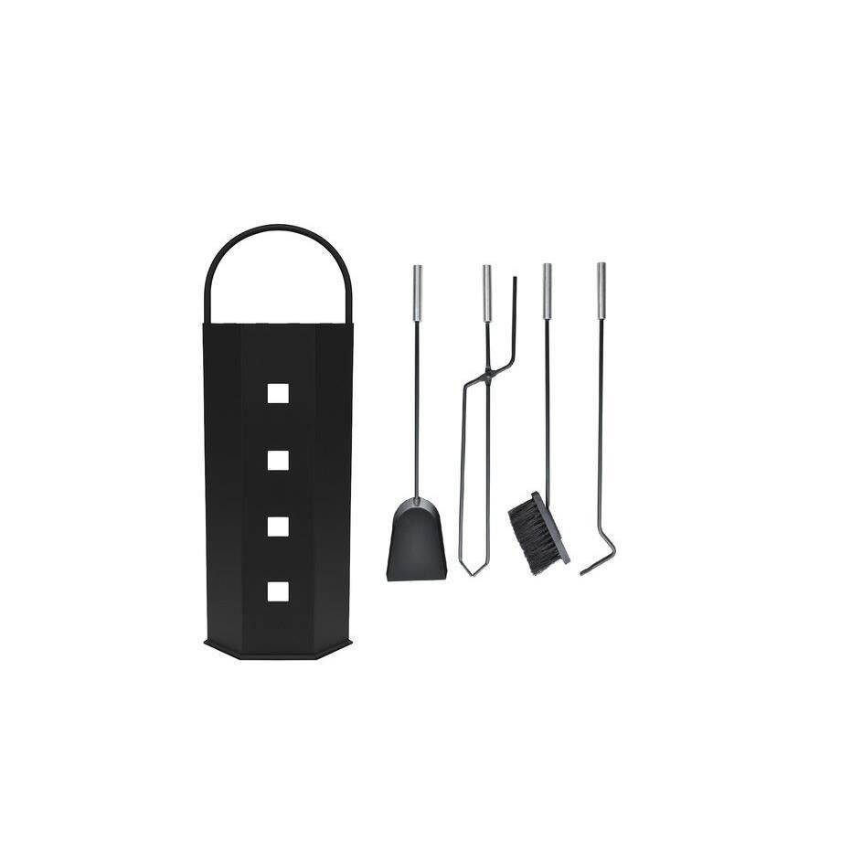 Set accesorii semineu, suport cu 4 piese, otel, negru mat, 55 cm