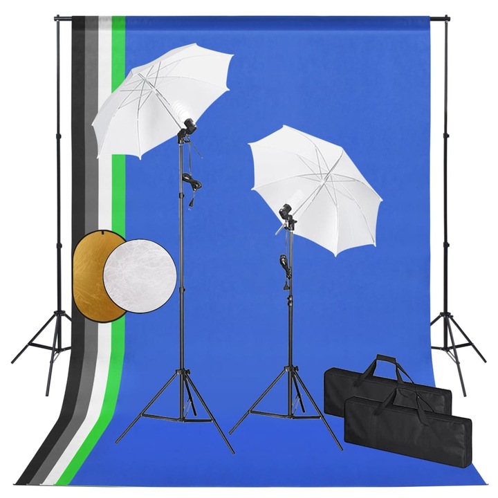 Kit de studio foto lampi, 2 umbrele, fundal si reflector, vidaXL, Aluminiu, 300 x 300 cm, Negru/Fundal albastru