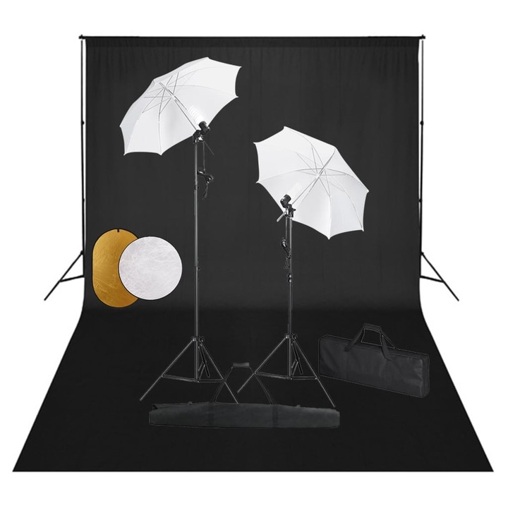 Kit de studio foto lampi, umbrele, fundal si reflector, vidaXL, Aluminiu, 500 x 300 cm, Negru/Fundal negru