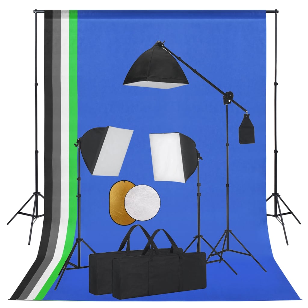 Kit de studio 3 lumini softbox, fundal si reflector, vidaXL, Aluminiu, 160 x 300 cm, Negru/Fundal albastru