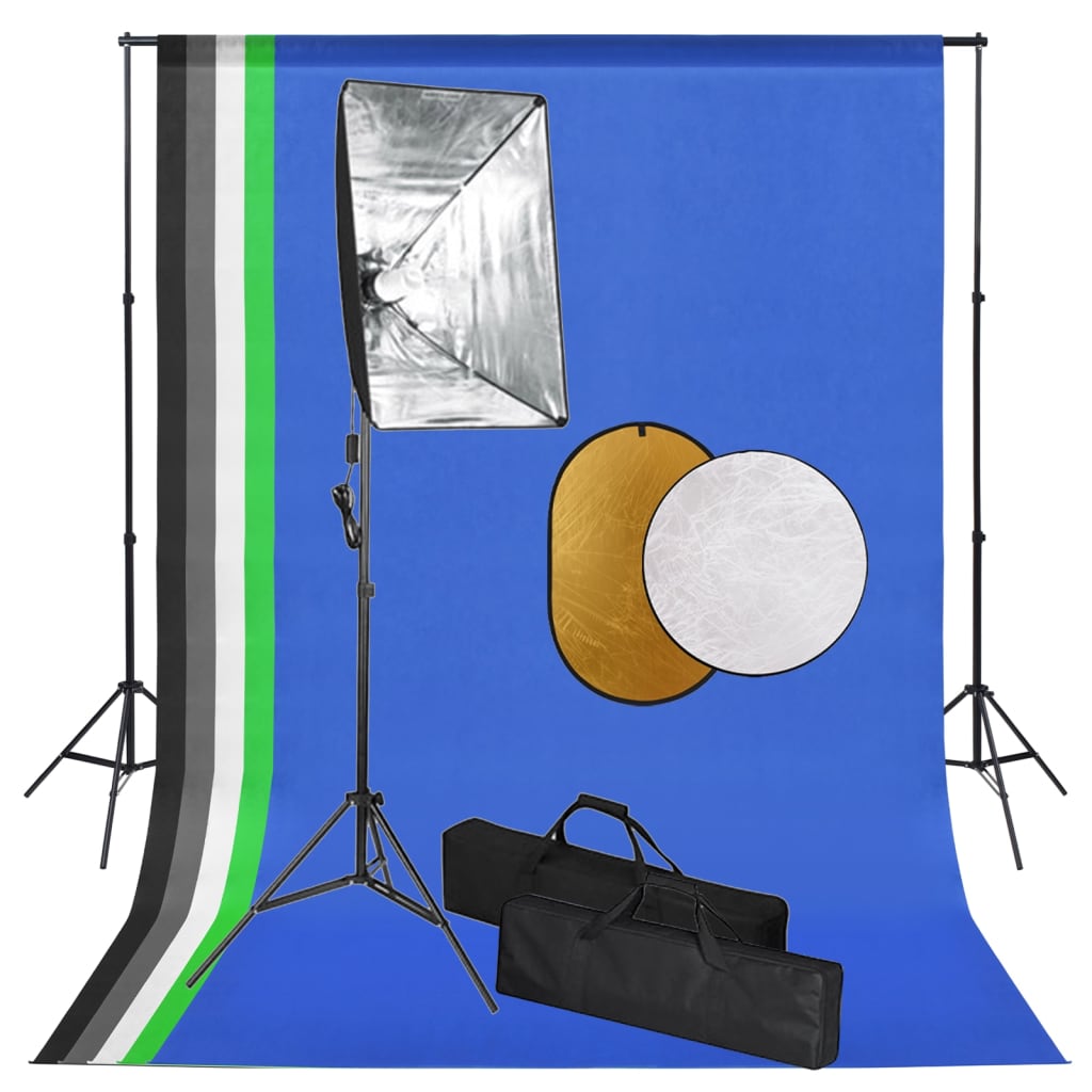 Kit de studio lumini softbox, fundal si reflector, vidaXL, Aluminiu, 300 x 300 cm, Negru/Fundal albastru
