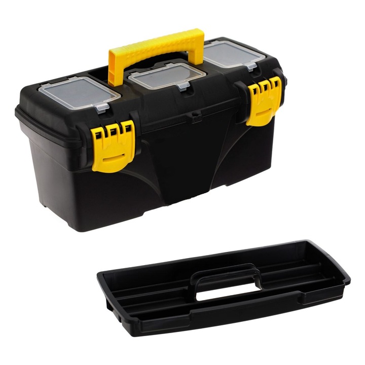Cutie depozitare/organizare scule, 3 buzunare pe capac, sertar interior detasabil cu maner, Plastic, Negru/Galben, 25x44x25 cm