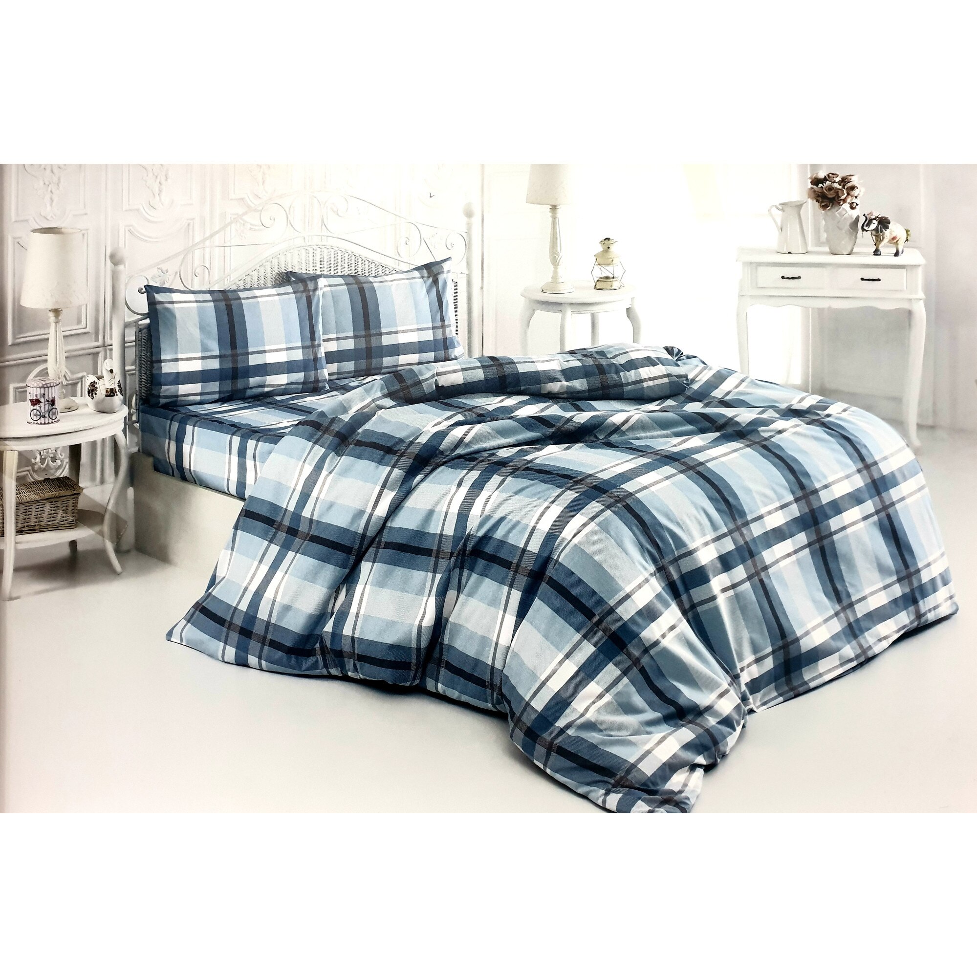 Set Lenjerie de Pat, Defne, Alessa, Albastru cu model, 4 piese, 2 persoane