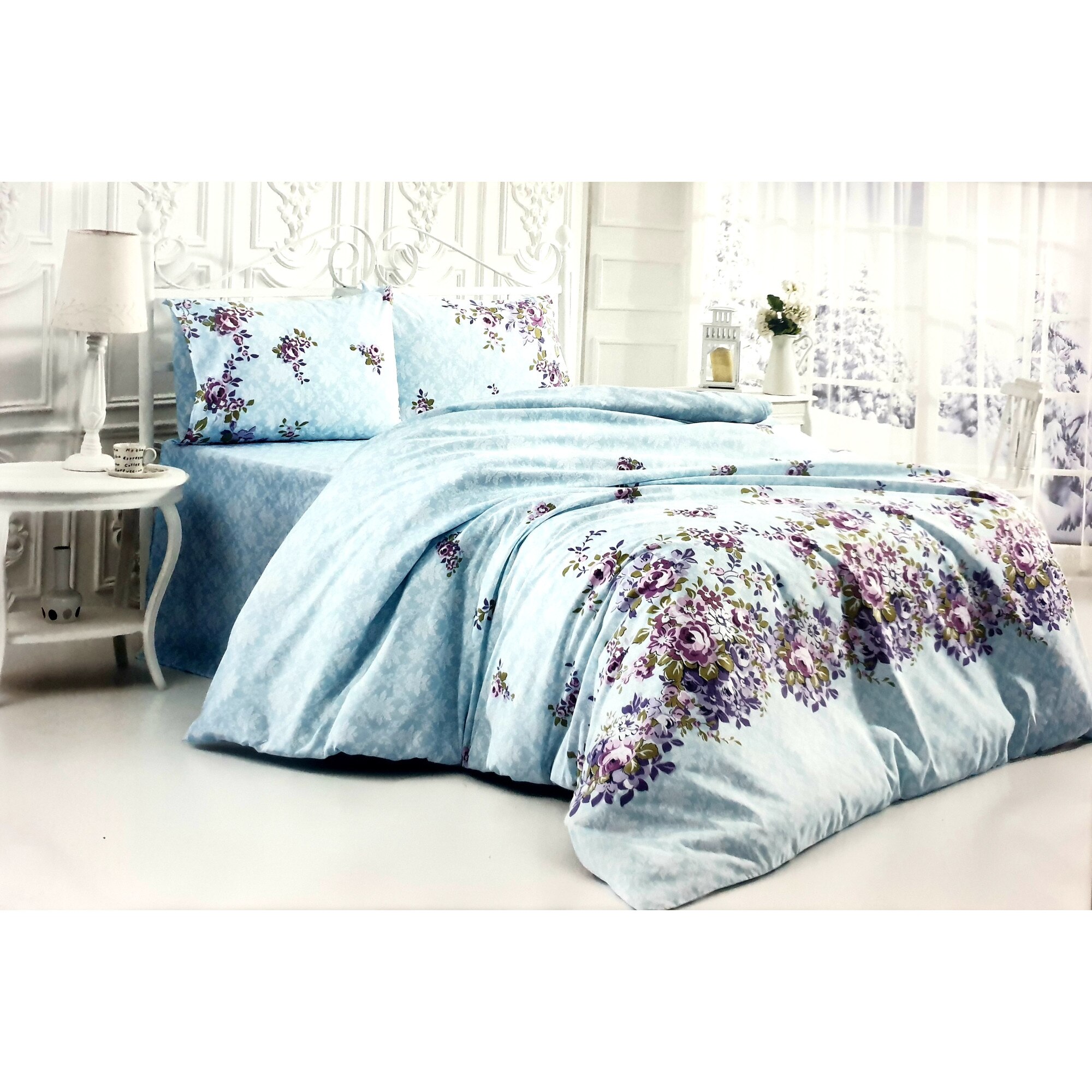 Set Lenjerie de Pat, Defne, Celine, Albastru cu imprimeu floral, 4 piese, 2 persoane