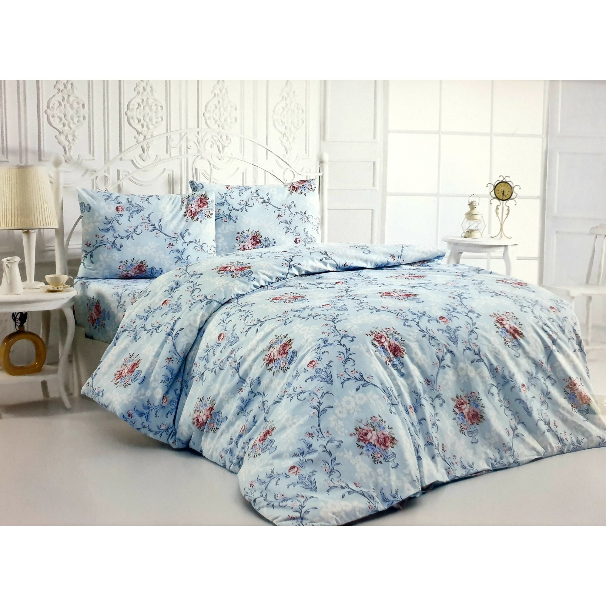 Set Lenjerie de Pat, Defne, Kimberly, Albastru cu model, 4 piese, 2 persoane