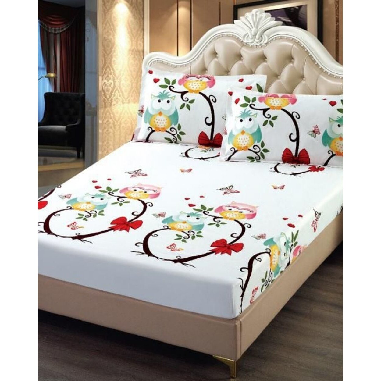 Set Husa de Pat 2 Persoane, cu Elastic, si 2 Fete de Perne, Finet, Bufnita, HBFE-16