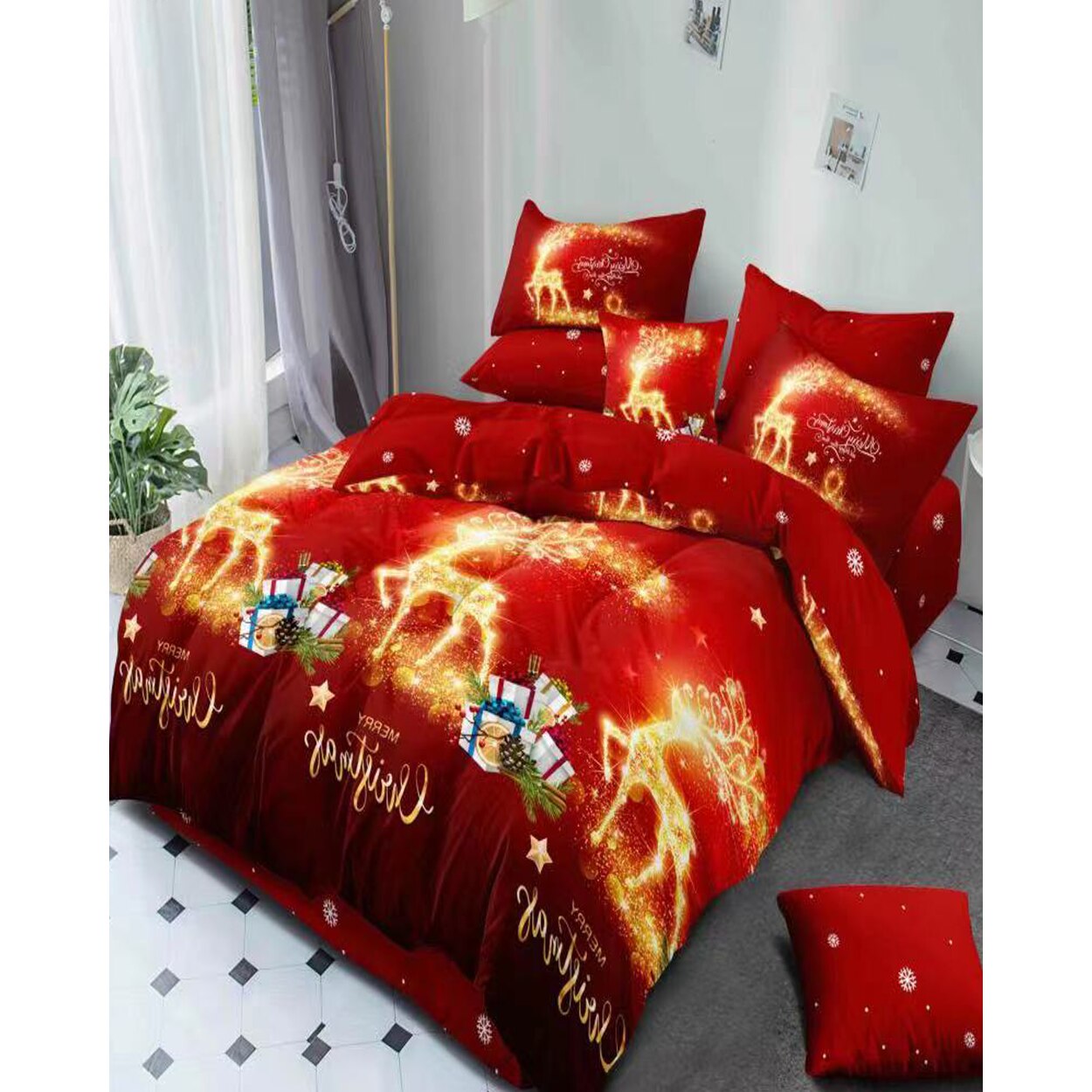 Lenjerie Craciun, Bumbac Finet, 6 piese, Merry Christmas, FNMC-08