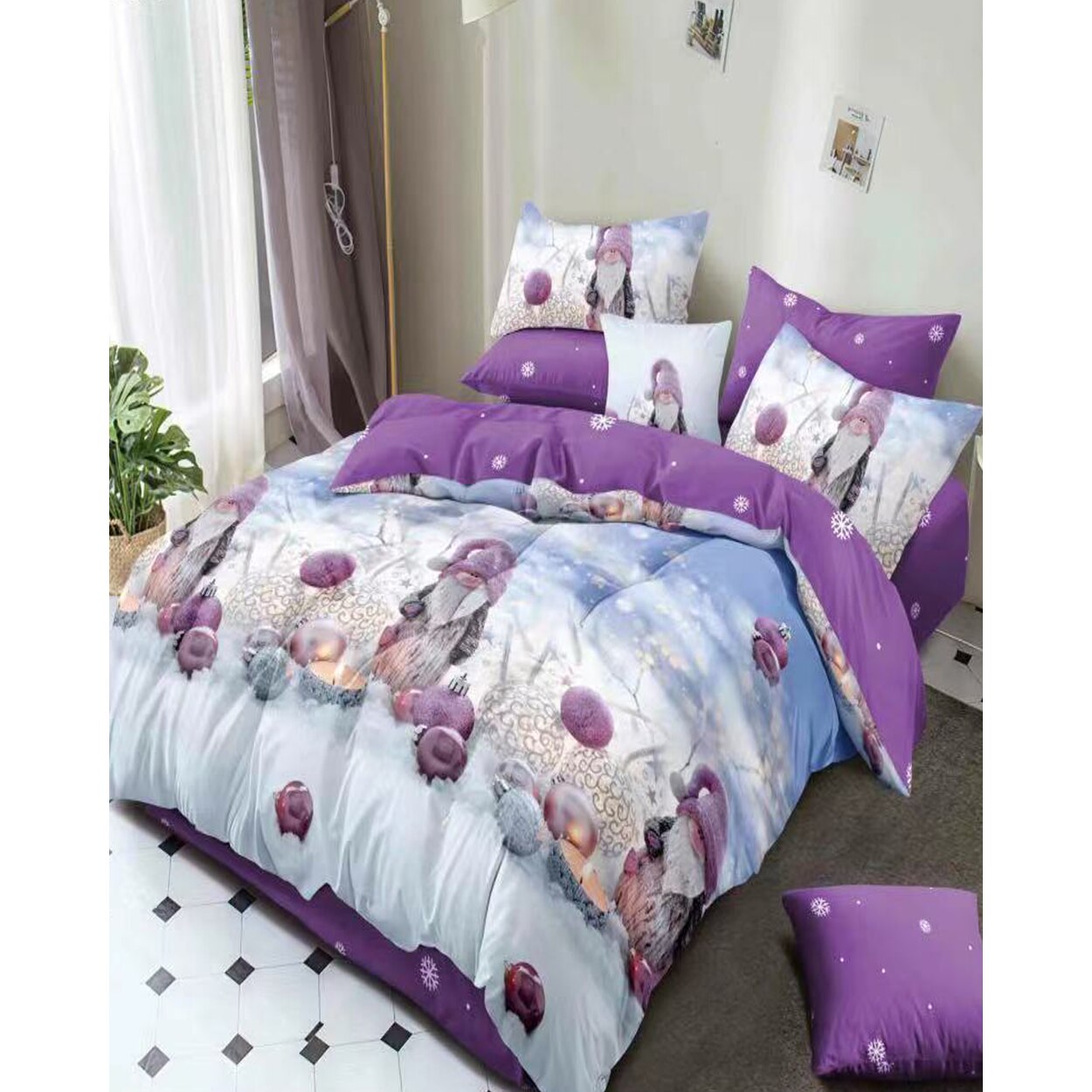 Lenjerie Craciun, Bumbac Finet, 6 piese, Candles and Globes, FNMC-10