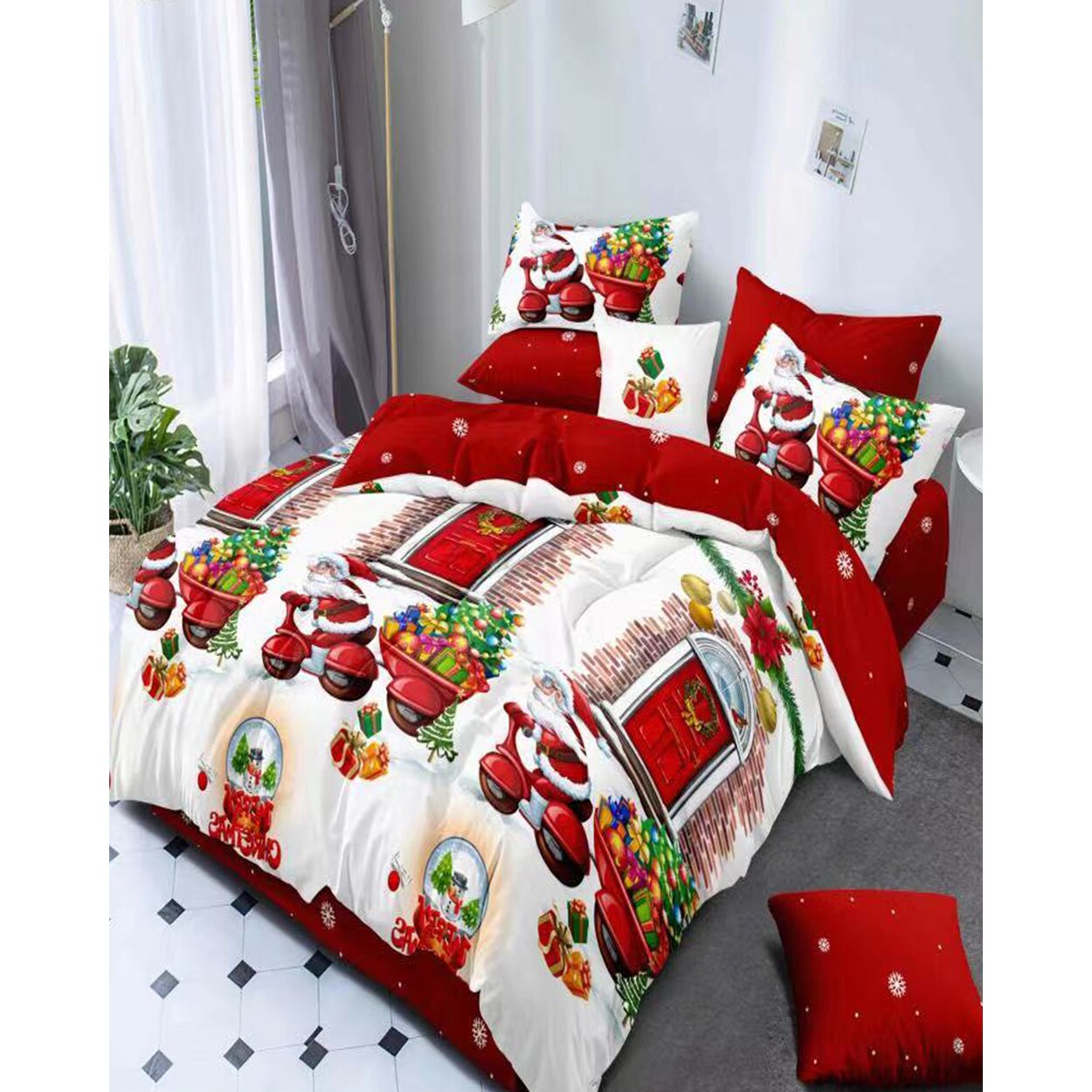 Lenjerie Craciun, Bumbac Finet, 6 piese, Santa Delivering Presents, FNMC-21