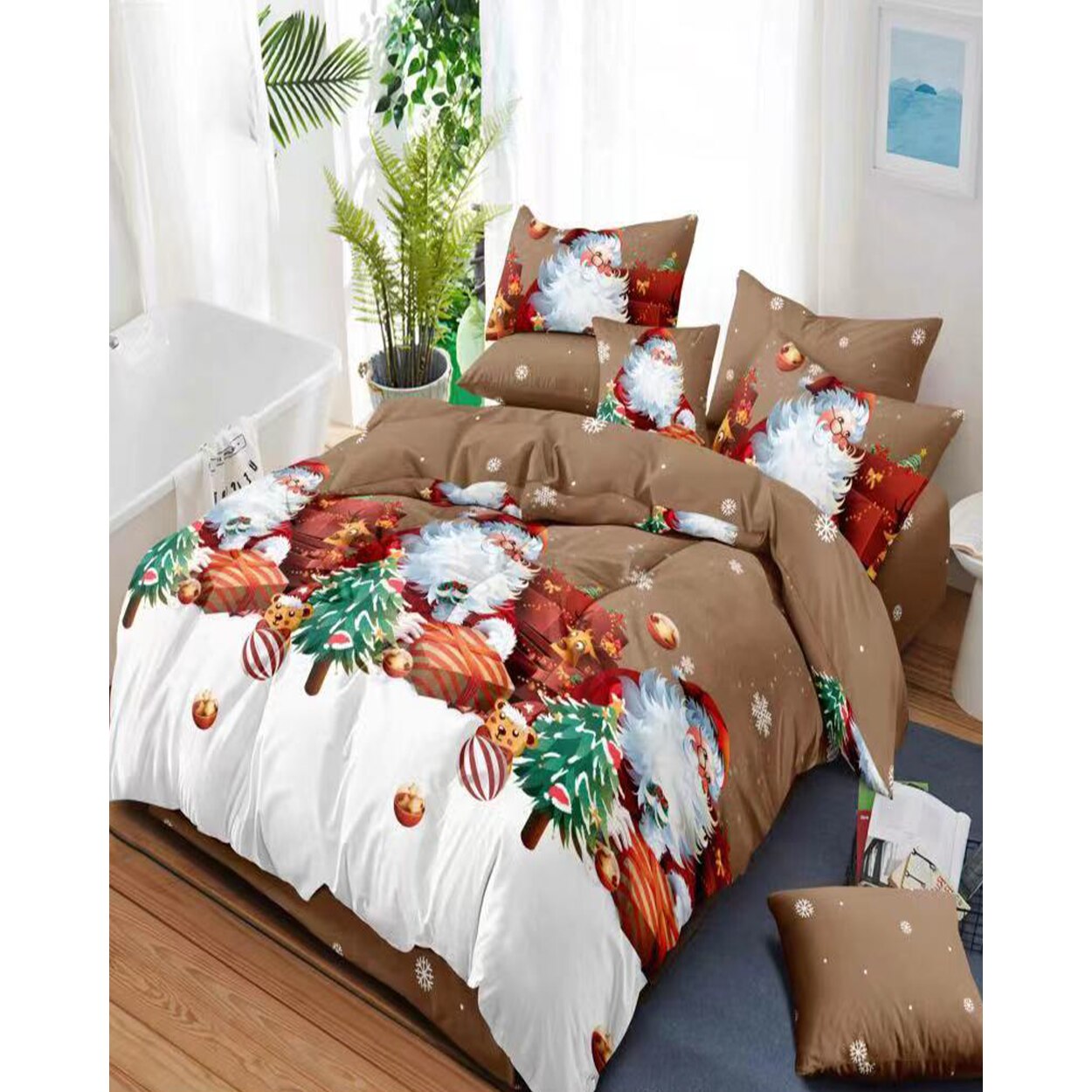 Lenjerie Craciun, Bumbac Finet, 6 piese, Santa and the Presents, FNMC-12