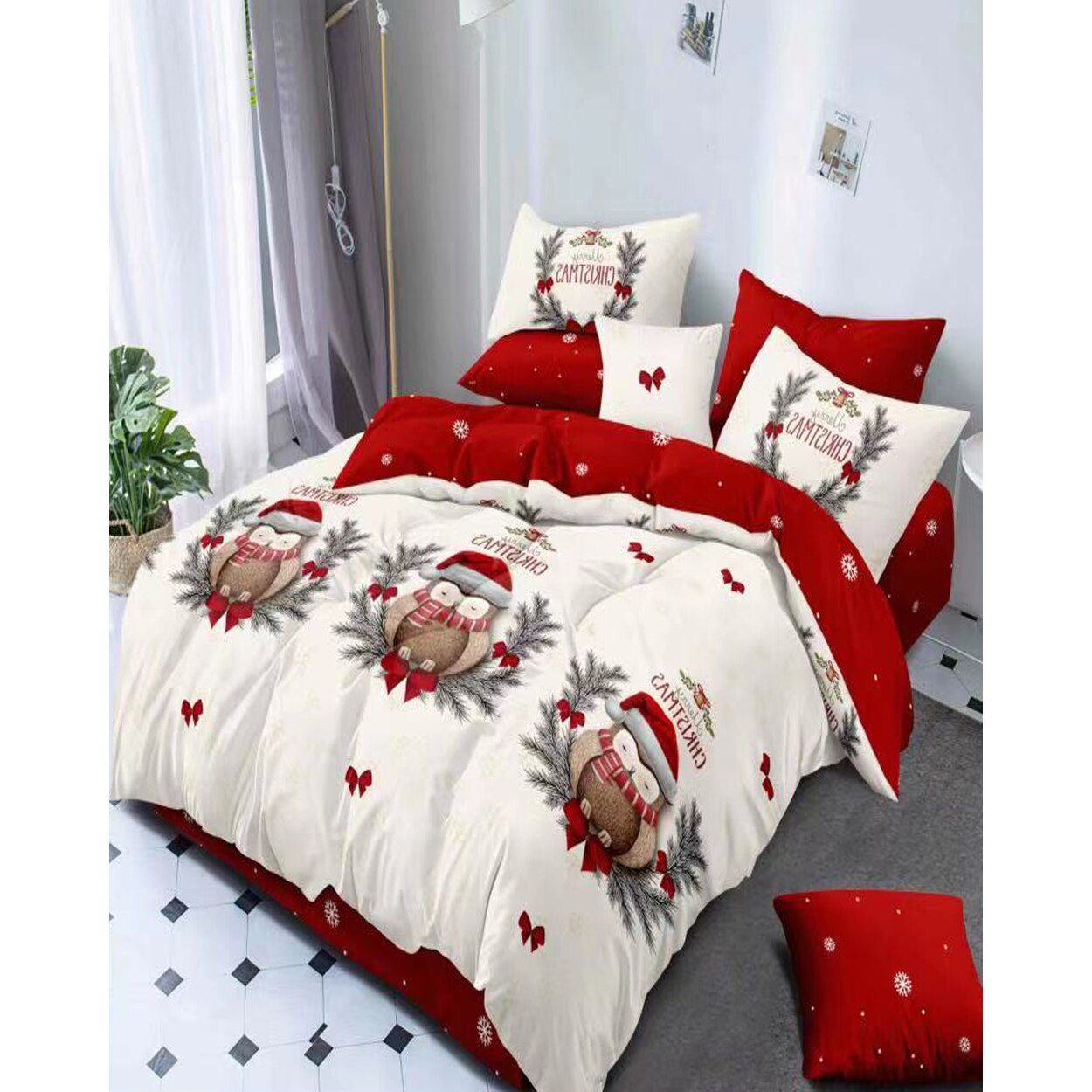 Lenjerie Craciun, Bumbac Finet, 6 piese, Christmas OWL, FNMC-23