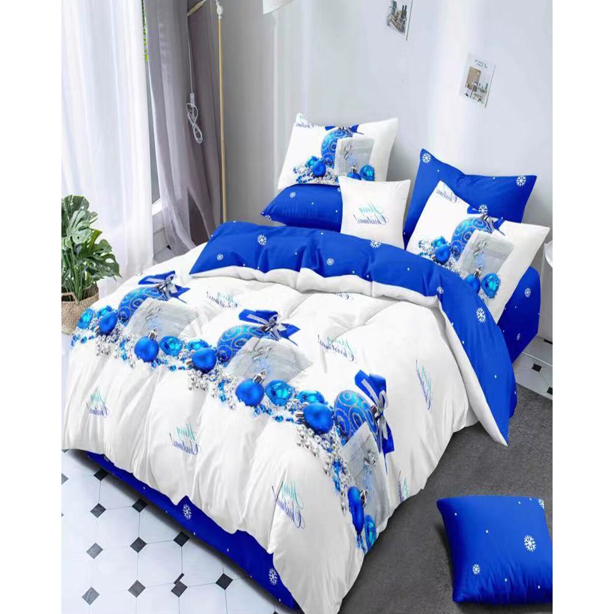 Lenjerie Craciun, Bumbac Finet, 6 piese, Blue Globes, FNMC-17