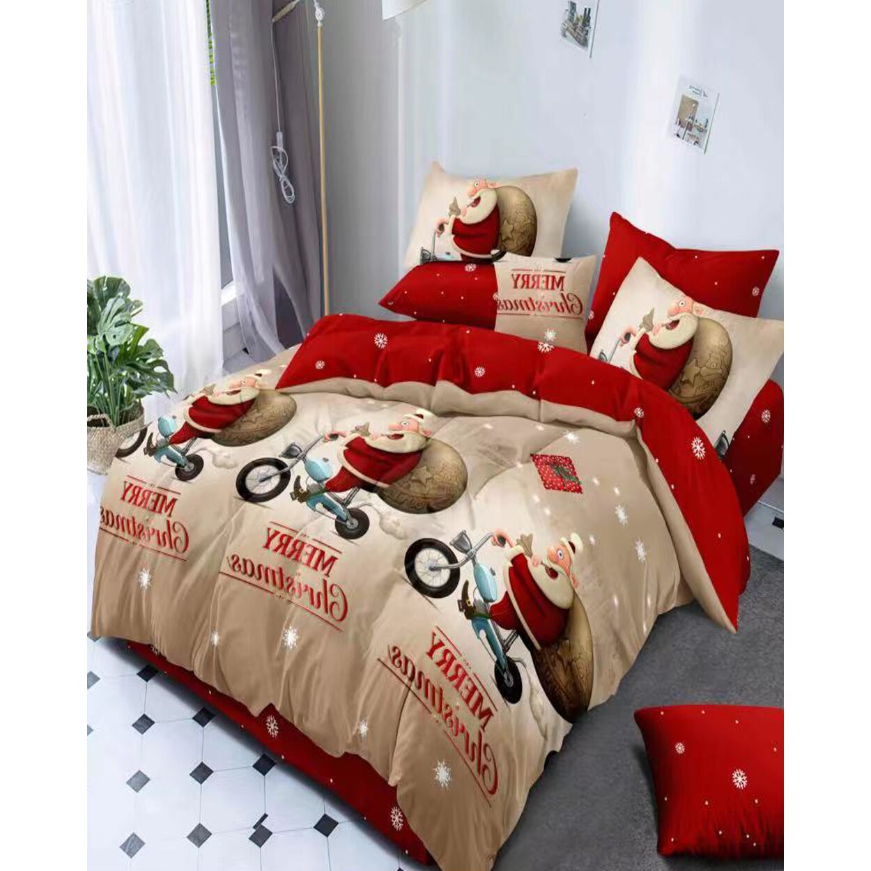 Lenjerie Craciun, Bumbac Finet, 6 piese, Santa on his Motorcycle, FNMC-19