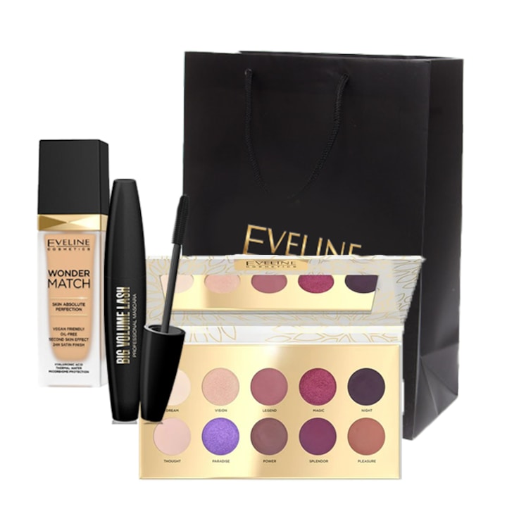 Eveline Cosmetics Fantasy Smink Paletta Készlet, 10 Színű, Nagy Volumenű Szempillaspirál, Wonder Match Alapozó, 20 Közepes Bézs