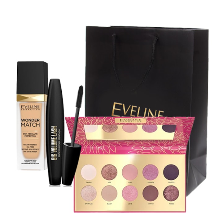 Eveline Cosmetics Romantic Smink Paletta Készlet, 10 Színű, Nagy Volumenű Szempillaspirál, Wonder Match Alapozó, 15 Természetes