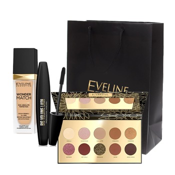 Set Eveline paleta machiaje Spicy Cocoa 10 culori, Mascara Big Volume Lash, Fond de ten Wonder Match, 15 Natural Set Eveline paleta machiaje Spicy Cocoa 10 culori, Mascara Big Volume Lash, Fond de ten Wonder Match, 15 Natural