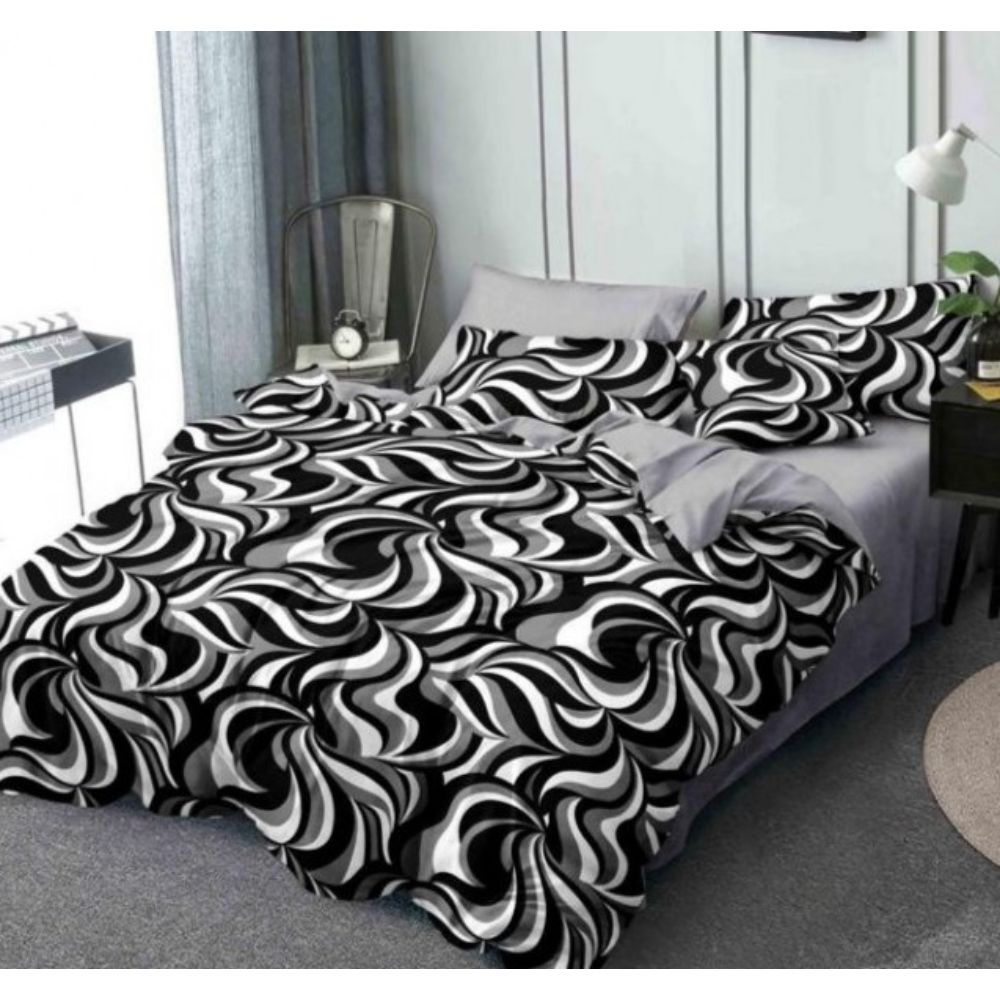 Set Lenjerie Finet Satinat, Pucioasa, 6 Piese, Pat 2 Persoane, alb negru