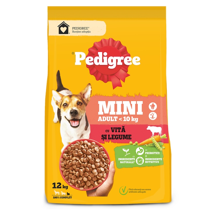 Hrana uscata pentru caini Pedigree Adult, Talie Mica, Vita si Legume, 12Kg