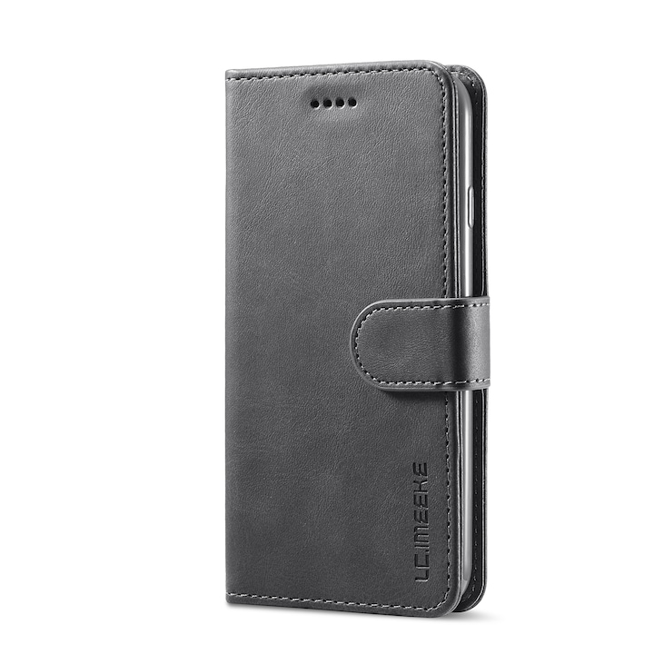 Husa pentru iPhone 8 Plus, iPhone 7 Plus, CaseMe, piele, tip portofel, inchidere magnetica, stand, suport moale la culoarea husei, culoare Negru