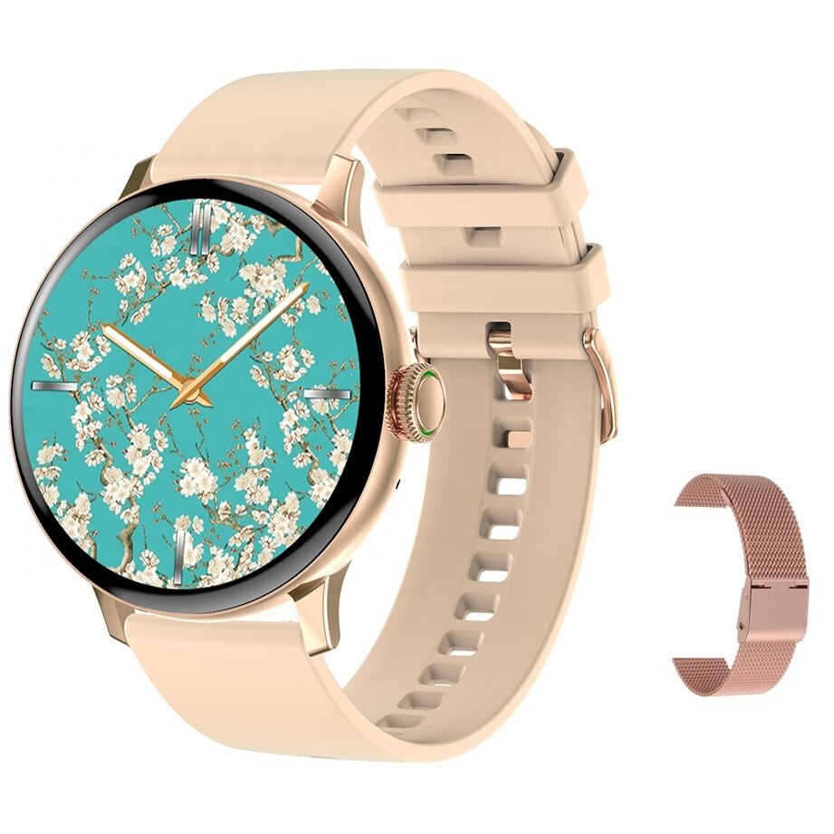 Ceas SmartWatch DT™NOVA, Apelare Bluetooth HD, NOTIFICARI Apeluri/Mesaje, Borderless Full Touch, 24/7 Ritm Cardiac si Fitness Tracker, Multi Sport, Incarcare Wireless, Curea Metalica si Silicon, Gold Edition