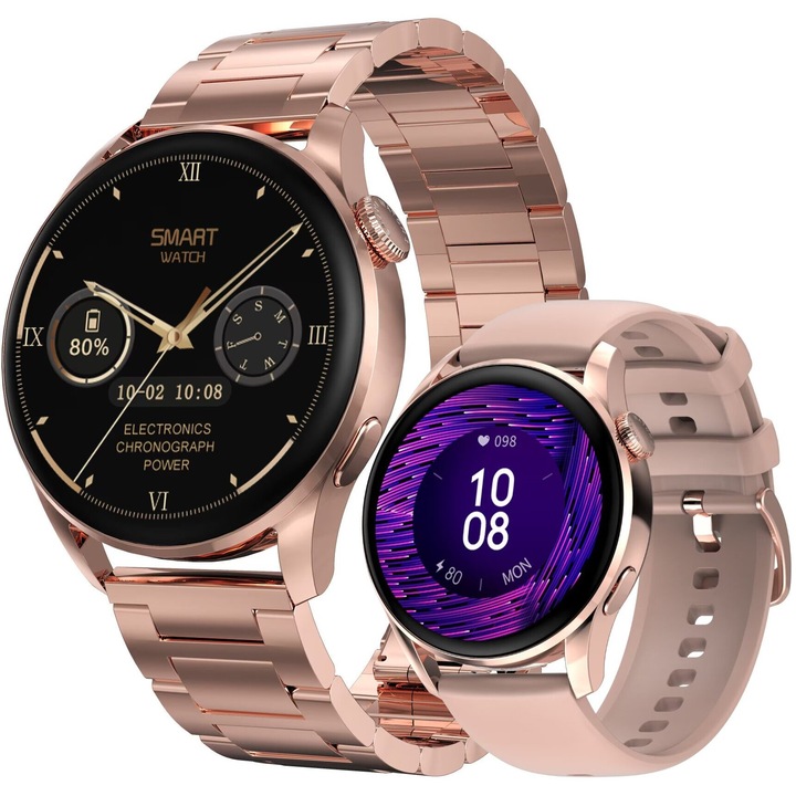 Часовник SmartWatch DT ™ WATCH3, Bluetooth HD обаждане, известия за обаждания/съобщения, 4D без граници 1,36 инча, ЕКГ, 24/7 проследяване на сърдечната честота и фитнес, мулти спорт, кабелен колан и силикон, Златист