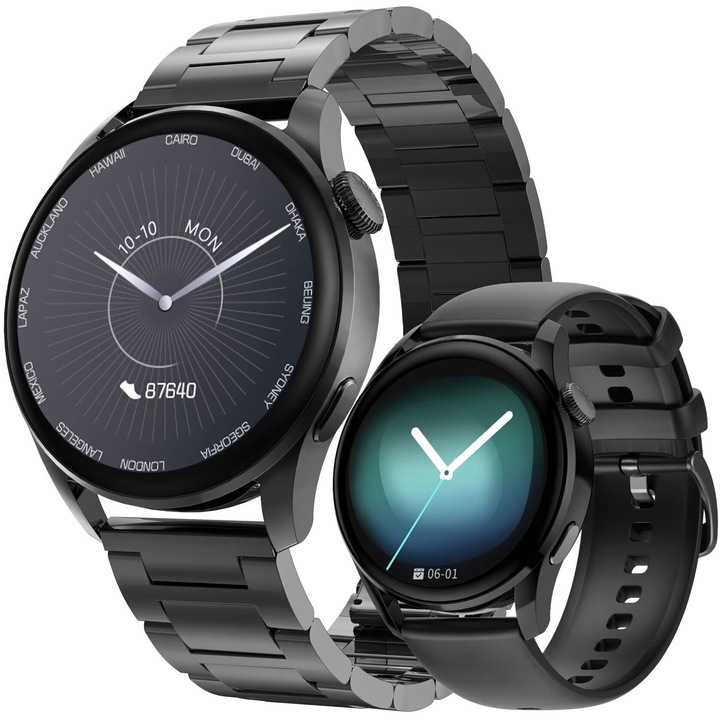 Часовник SmartWatch DT ™ WATCH3, Bluetooth HD обаждане, известия за обаждания/съобщения, 4D без граници 1,36 инча, ЕКГ, 24/7 проследяване на сърдечната честота и фитнес, мулти спорт, кабелен колан и силикон, SmartVibe, Черен