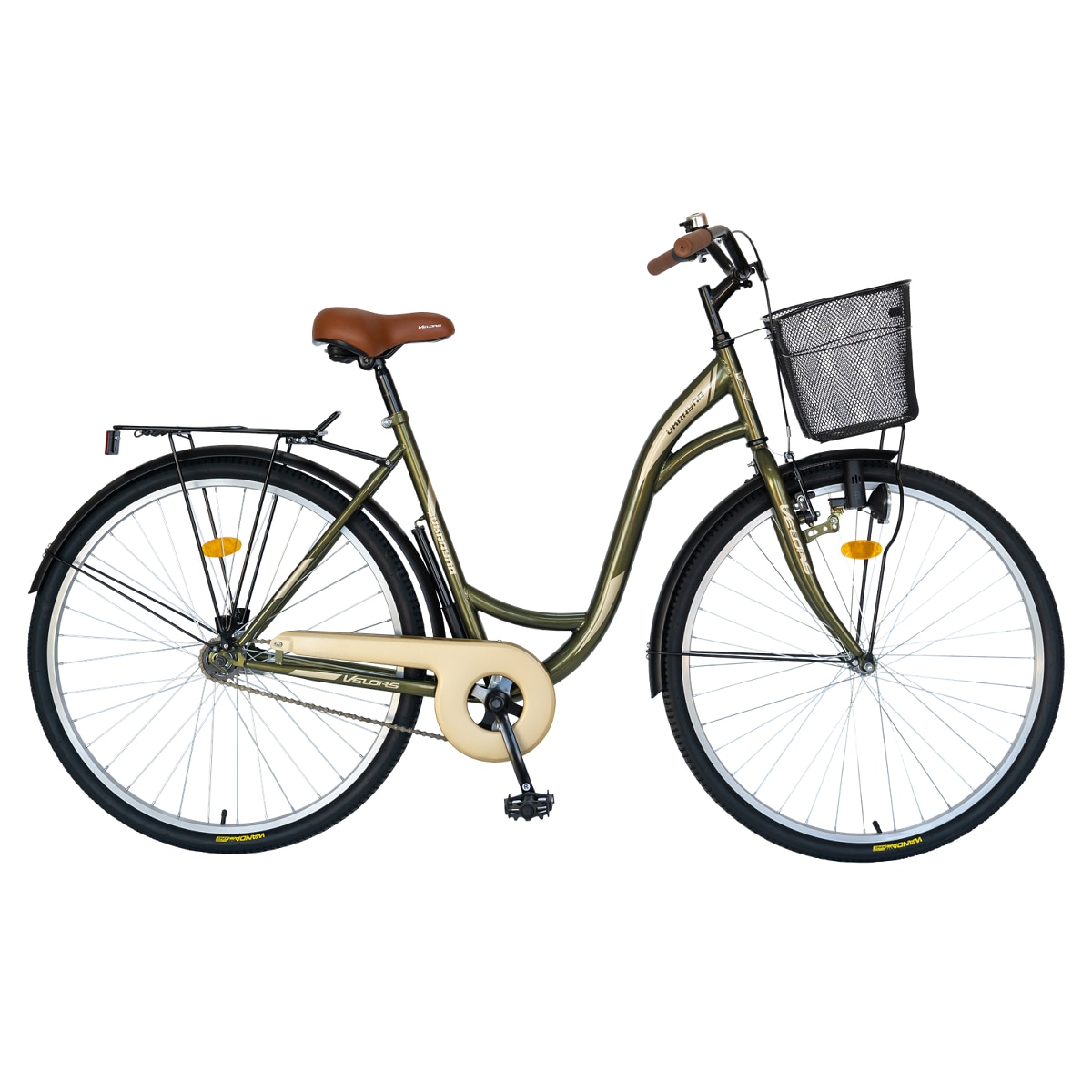 Bicicleta Unisex de Oras cu Roti 28 inch, Portbagaj, cos, pompa, spate Torpedo/fata V-brake, 1 Viteza, verde/bej, Velors UKRAYNA Genius, Marime - eMAG.ro