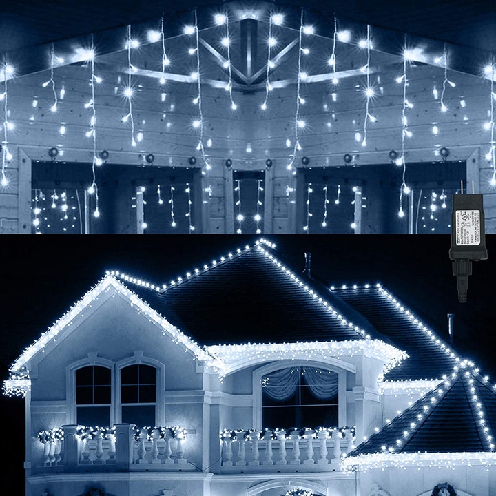 Rojtos izzósor 8 m x 0,6 m, 360 LED, hideg feher, IP44, összekapcsolható, fekete vezeték