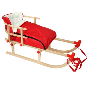 Sanie pliabila din lemn cu spatar si sac polar detasabile Yaro - Rosu/Natur Sanie pliabila din lemn cu spatar si sac polar detasabile Yaro - Rosu/Natur