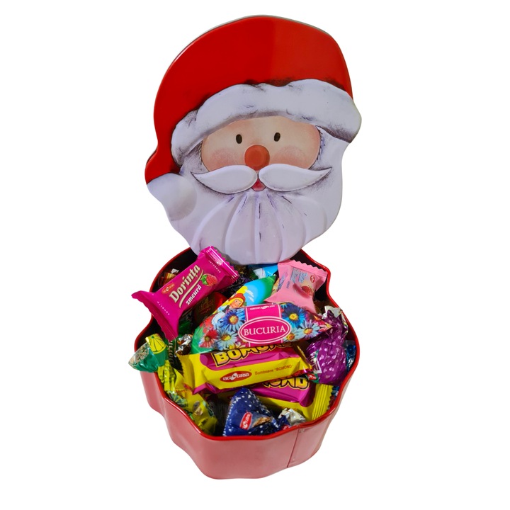 Pachet cadou, cutie din metal, fata lui Mos Craciun, mix de ciocolata Bucuria