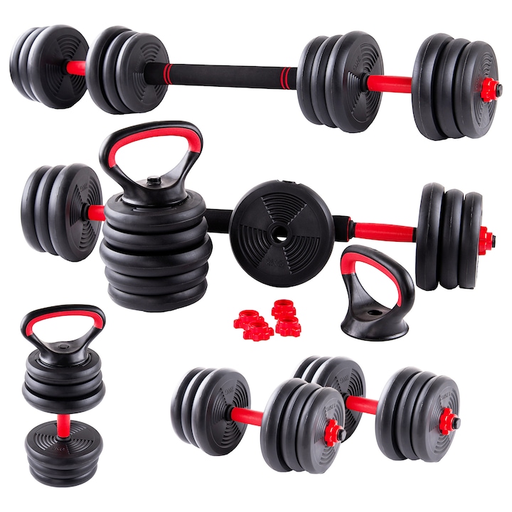 Set Gantere reglabile kettlebell FitTronic® 6 in 1 de 30 kg KF30, cu o multitudine de combinatii posibile