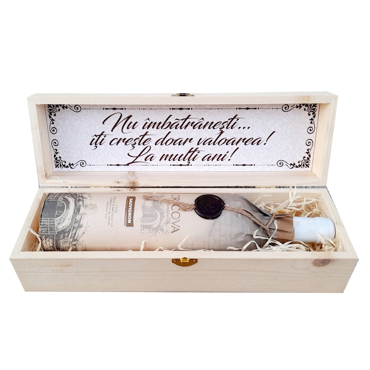 Cutie de vin cadou pentru aniversare sau onomastica, Lemn, 11x40x11 cm, 750 ml