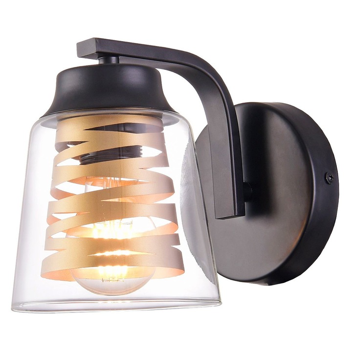 Аплик DacEnergy©, изработен от метал, абажур от прозрачно стъкло, цокъл E27, 60W, декорация златна панделка