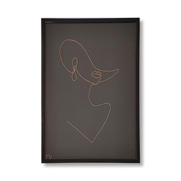 Tablou doamna cocheta cu palarie, din sarma placata cu aur, rama neagra 21x30 cm - cod.Livia