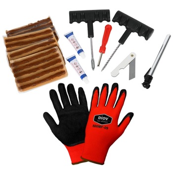 Kit reparat anvelope tubeless, trusa pentru service roti, pana de cauciuc, 8 piese cu 20 buc snur / fitil de vulcanizare si cutie depozitare Kit reparat anvelope tubeless, trusa pentru service roti, pana de cauciuc, 8 piese cu 20 buc snur / fitil de vulcanizare si cutie depozitare