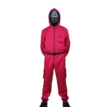 Costum Squid game SIKS®, jocul calamarului, salopeta, curea si masca cu model triunghi, marime S, unisex, rosu Costum Squid game SIKS®, jocul calamarului, salopeta, curea si masca cu model triunghi, marime S, unisex, rosu