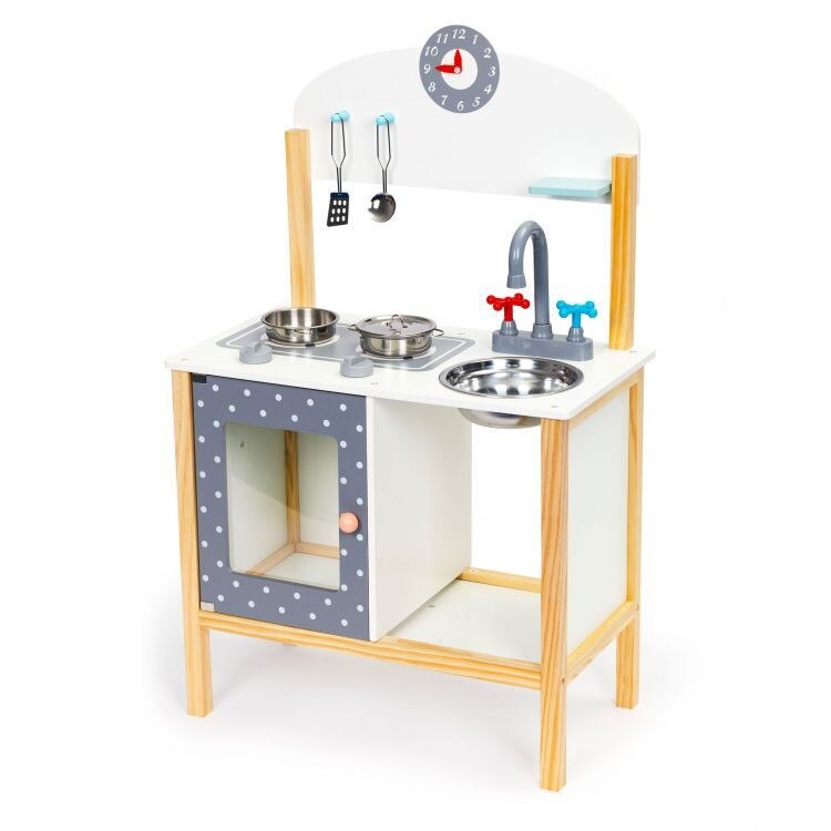 Bucatarie din lemn pentru copii cu chiuveta si accesorii, alba 53,5x29,5x86