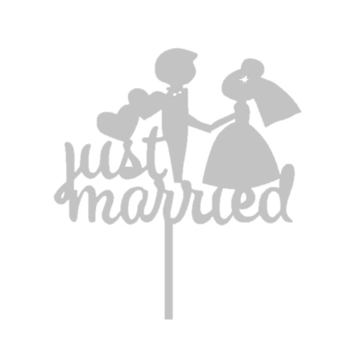 Topper, decor tort nunta Just Married argintiu 10 x 14 cm