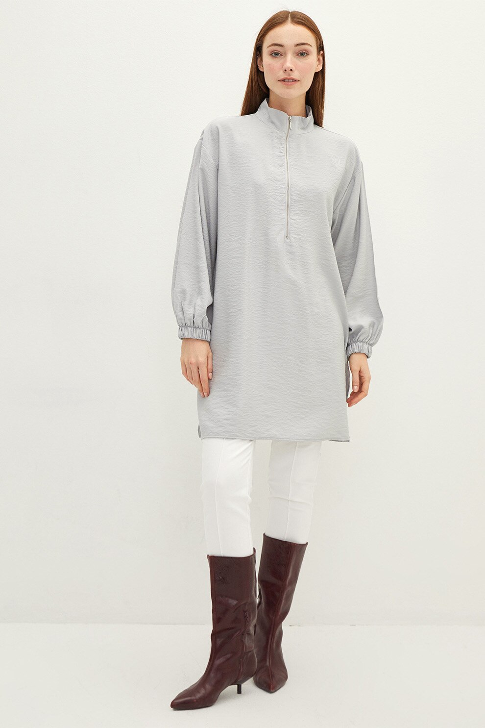 LC WAIKIKI, Bluza lunga cu fenta cu fermoar, Gri deschis