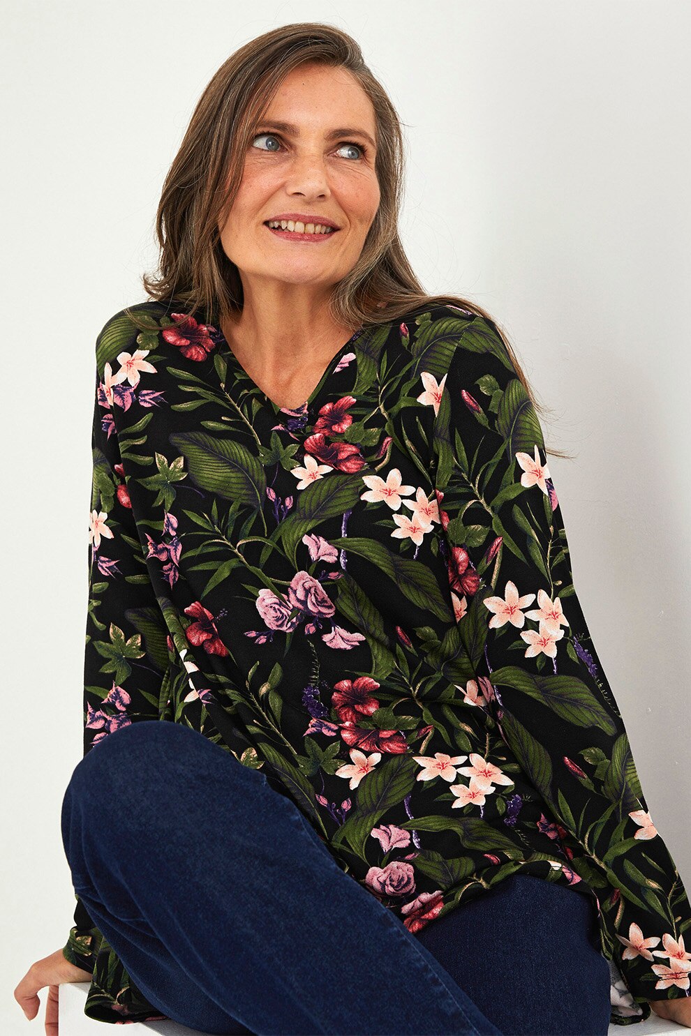 LC WAIKIKI, Bluza cu model tropical si terminatie asimetrica, Negru/Verde forest