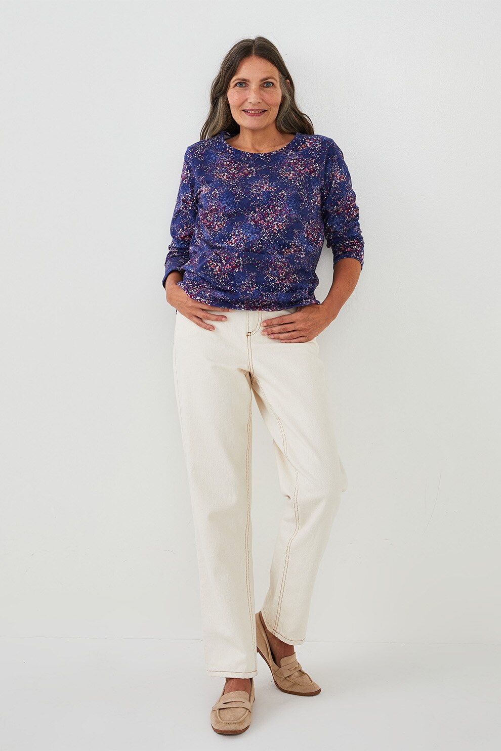 LC WAIKIKI, Bluza cu imprimeu floral si decolteu rotund, Albastru inchis/Roz