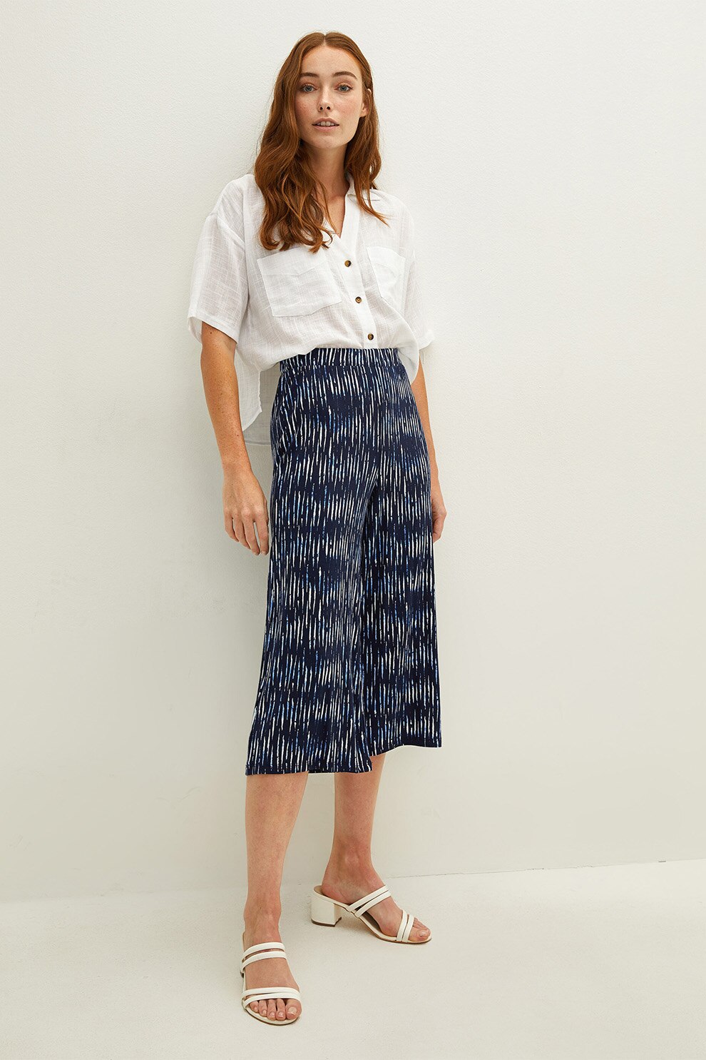 LC WAIKIKI, Pantaloni capri cu croiala ampla si talie inalta, Bleumarin/Alb