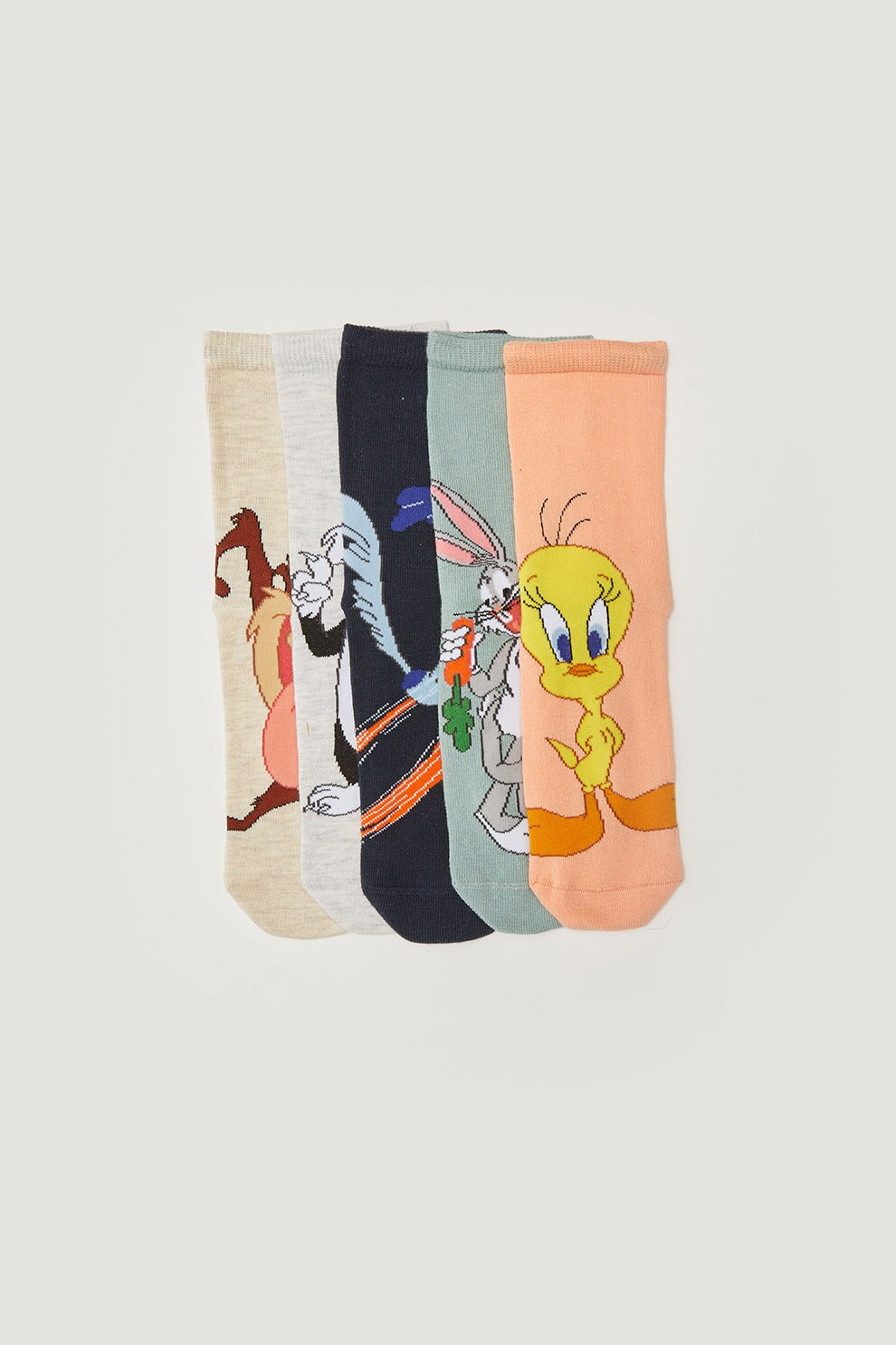 LC WAIKIKI, Set de sosete scurte cu model cu desene - 5 perechi, verde menta, oranj pal, gri melange deschis