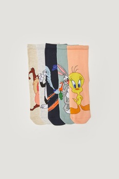 LC WAIKIKI, Set de sosete scurte cu model cu desene - 5 perechi, verde menta, oranj pal, gri melange deschis LC WAIKIKI, Set de sosete scurte cu model cu desene - 5 perechi, verde menta, oranj pal, gri melange deschis