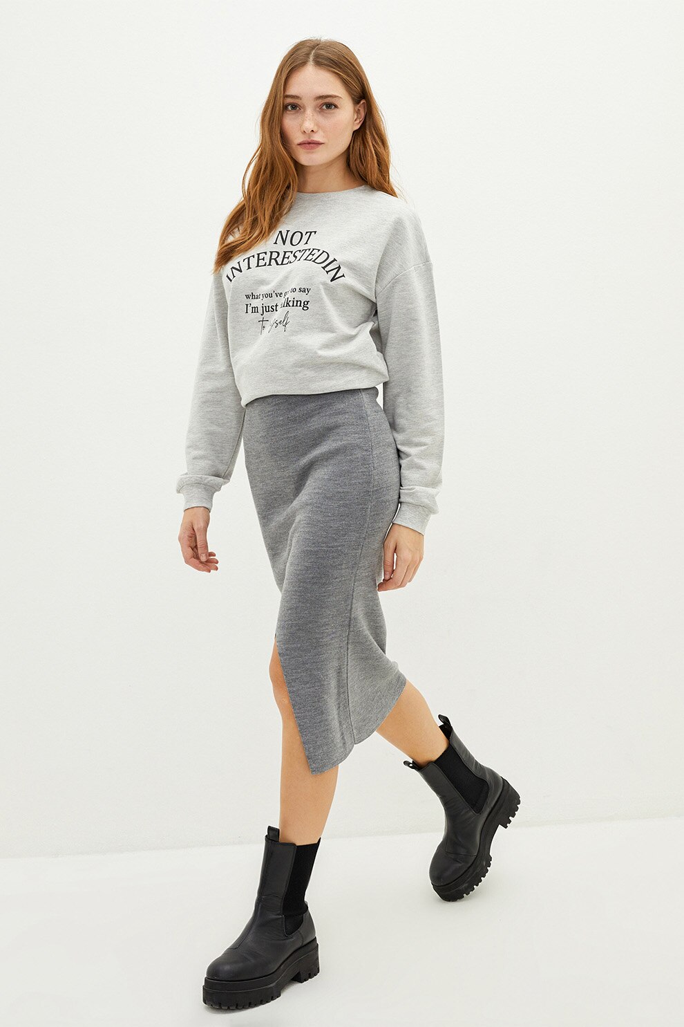 LC WAIKIKI, Fusta midi cu slit frontal si talie inalta, Gri