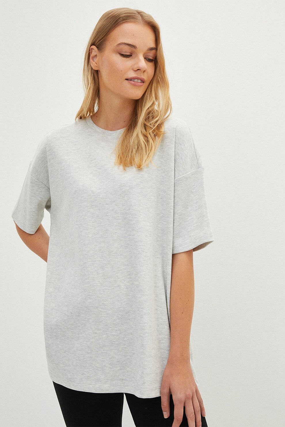 LC WAIKIKI, Tricou din amestec de bumbac cu maneci cazute, Gri melange