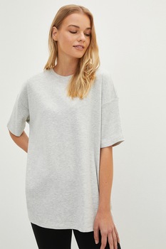 LC WAIKIKI, Tricou din amestec de bumbac cu maneci cazute, Gri melange LC WAIKIKI, Tricou din amestec de bumbac cu maneci cazute, Gri melange